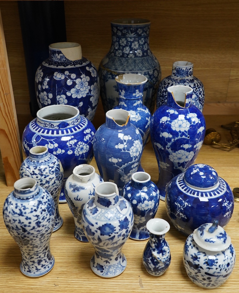 A large quantity of Chinese blue and white porcelain, 19th century and later, tallest 35cm. Condition - poor